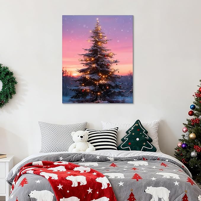 Framed Christmas Pictures Wall Decor,Vintage Pine Tree Prints,Winter Christmas Canvas Wall Art Decoration for Bedroom Bathroom Living Room Rustic Xmas Holiday Gifts (Christmas Tree 10, 12'' X 16'')
