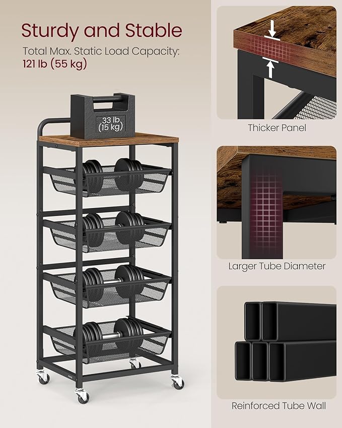 VASAGLE Storage Cart with Pull-Out Baskets, 5-Tier Kitchen Cart with Wheels, Handle, 12.5 x 15.8 x 37.4 Inches, Rustic Brown and Ink Black ULRC041K01