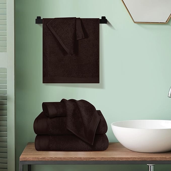 Ultra Soft 6 Pack Cotton Towel Set, Contains 2 Bath Towels 28x55 inch, 2 Hand Towels 16x24 inch & 2 Wash Coths 12x12 inch, Ideal Everyday use, Compact & Lightweight - Chocolate Brown