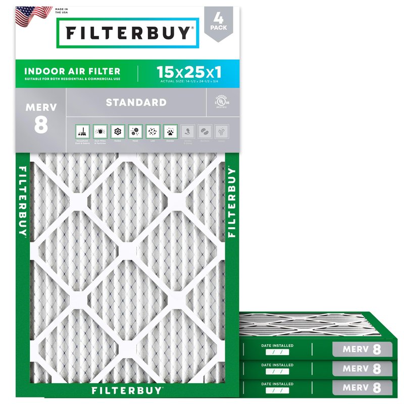 Filterbuy 15x25x1 Air Filter MERV 8 Essential Dust & Allergy Defense (4-Pack), Electrostatic Pleated HVAC AC Furnace Filters Replacement, Made in USA (Actual Size: 14.50 x 24.50 x 0.75)