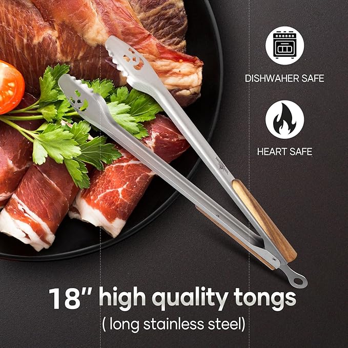 XUDAKAIXIN 18-Inch Long Stainless Steel BBQ Tongs with Extended Luxurious Acacia Handle – Durable and Easy-to-Clean Grilling Tool for Cooking, Kitchen Use, and Outdoor Barbecues