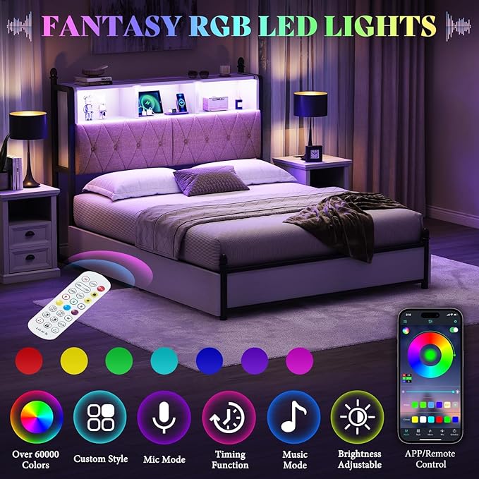 AMERLIFE Queen Bed Frame with Bookcase Headboard & 4 Storage Drawers, Wooden Platform Bed with Charging Station and LED Light, No Box Spring Needed/Noise-Free, White