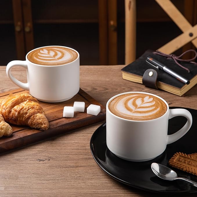 GBHOME 14 OZ Coffee Mugs Set of 6, Stackable Ceramic Mugs for Men, Women, Modern Coffee Mugs With Stable Base for Latte, Tea, Cappuccino. Dishwasher & Microwave Safe, Matte White
