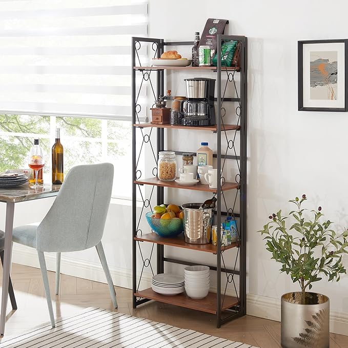 VECELO Folding Bookshelf 5-Tier,Industrial Metal Frame & Wood Shelves,Foldable Bookcase Easy Assembly Free Standing Tall Storage Organizer for Living Room,Office,Bedroom