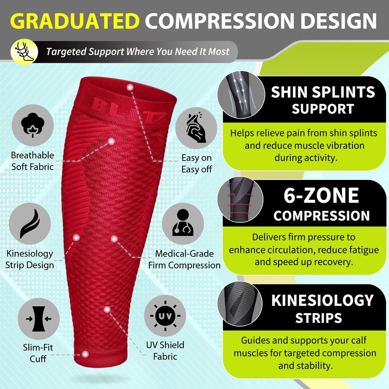 BLITZU Calf Compression Sleeves for Men and Women. Footless Compression Socks Support for Varicose Vein, Nursing, Running. Leg Sleeve Brace for Shin Splints, Pain Relief & Reduces Swelling Red S-M