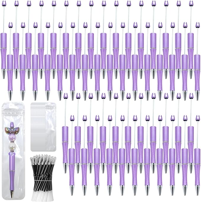 300 Pieces DIY Beadable Pen Kit – 100 Plastic Ballpoint Pens with Refills & Bags – School Supplies, Office Accessories & Decorative Items for Students & Teachers (Purple)