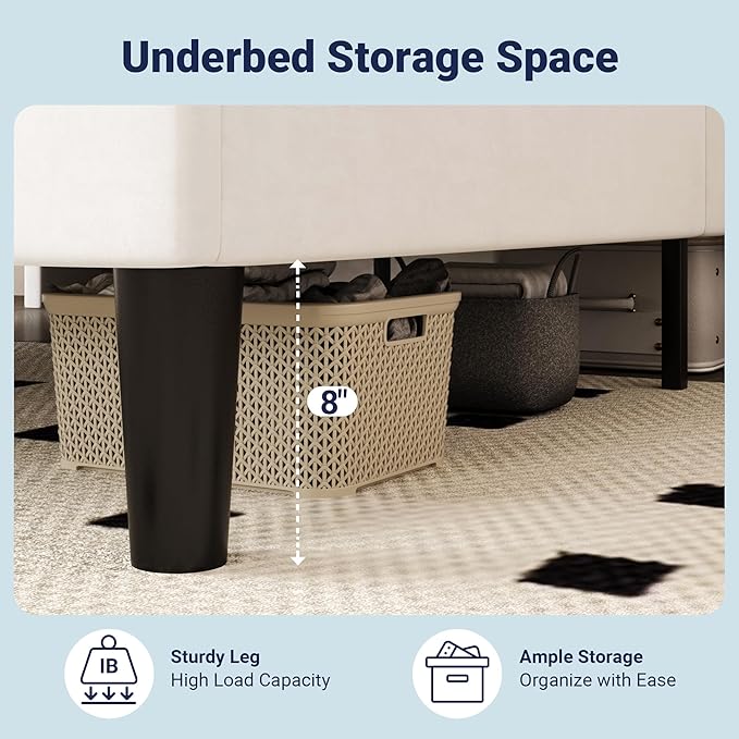 Allewie Full Size Bed Frame, Storage Headboard with Charging Station, Wingback Velvet Upholstered, Diamond Stitched Button Tufted, Sturdy Wooden Slats, No Box Spring Needed, Easy Assembly, White