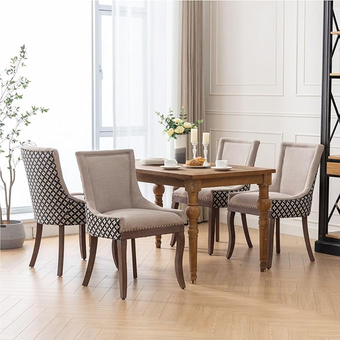Farmhouse Dining Chairs Set of 2, Upholstered Fabric Dining Room Accent Chairs with Wood Legs & Bronze Nailhead, High Wingback Kitchen Chairs for Living Room Hotel Apartment, Beige Patterned