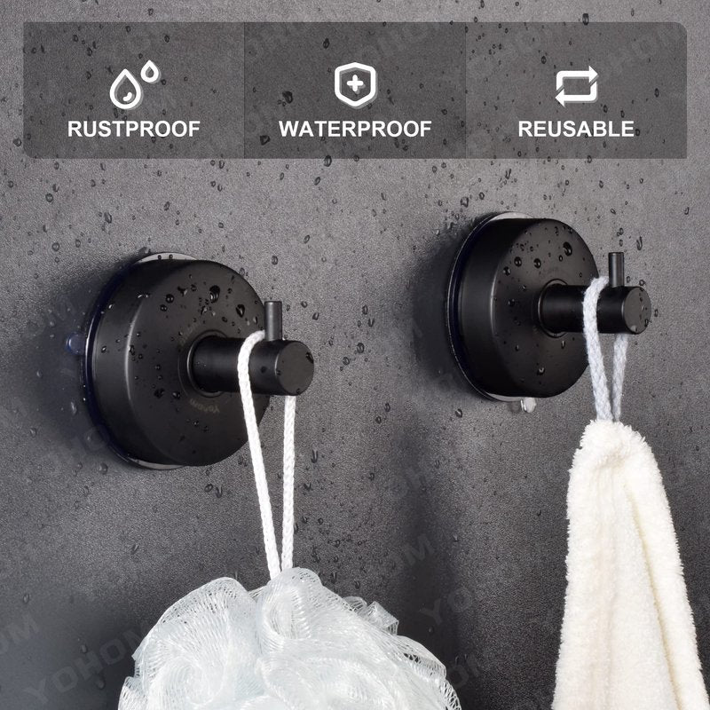 YOHOM Suction Cup Hooks Shower Towel Holder Stainless Steel Vacuum Bathroom Shower Hook Suction Towel Rack Kitchen Organizer for Bathrobe Loofah Matte Black 2Pcs