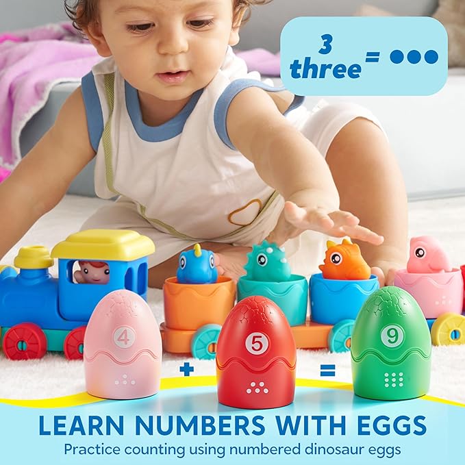 Play-Act Learning Toy for Toddlers 1 2 3 Years Old, Counting, Matching & Sorting Montessori Learning Dinosaur Train Including 9 Dinosaurs, Easter Basket Stuffers Birthday Gift for Baby Boys Girls