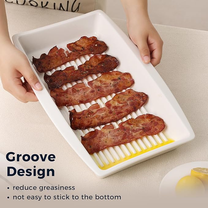 DELLING 9x13 Ceramic Baking Dish Set of 2, Lasagna Pan with Groove Design, Casserole Dish for Oven, Deep Bakeware with Handles, White Porcelain Roasting Pan, Microwave Dishwasher Safe, 14" x 9.3"