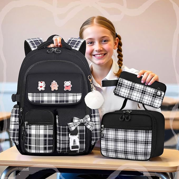 3PCS Girls Backpack Set for School - Cute Kids Bookbag with Lunch Box & Pencil Case, Stylish Backpack Combo for Girls Preschool Elementary Middle High School Students Teens Black