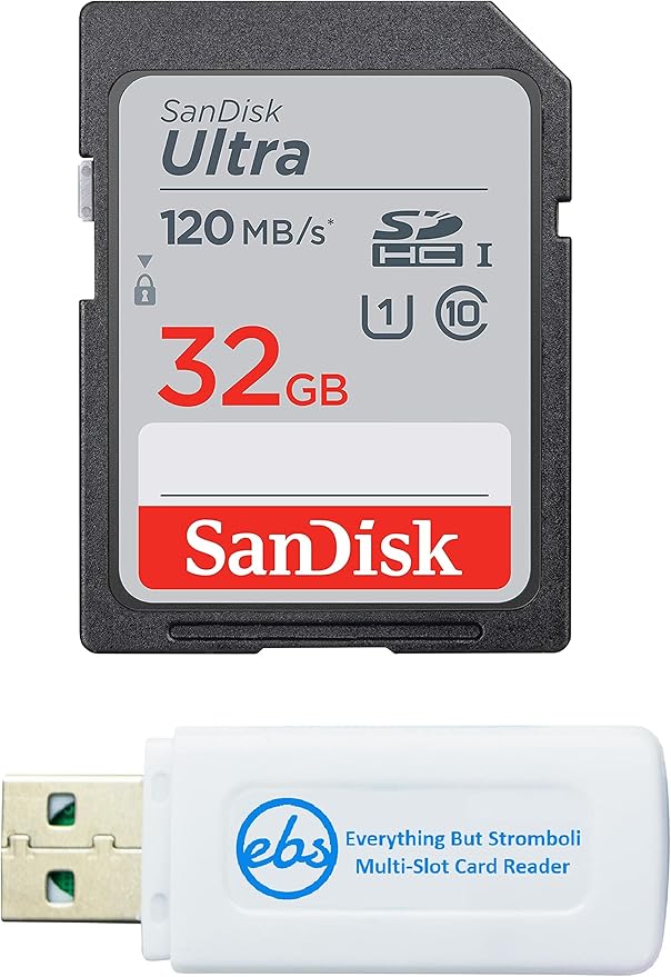 SanDisk 32GB SDHC SD Ultra Memory Card Class 10 Works with Sony Cyber-Shot DSC-WX220, WX350, WX500 Digital Camera (SDSDUN4-032G-GN6IN) Bundle with (1) Everything But Stromboli Multi-Slot Card Reader