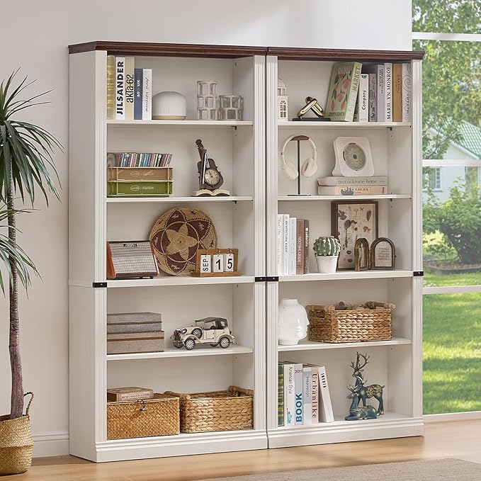 70" White Tall Bookshelf Set of 2,5-Tier Thick Wooden Book Shelf with Adjustable Shelves,Free Standing Farmhouse Bookcase with Open Display Storage,Floor Vintage Bookshelves for Living Room
