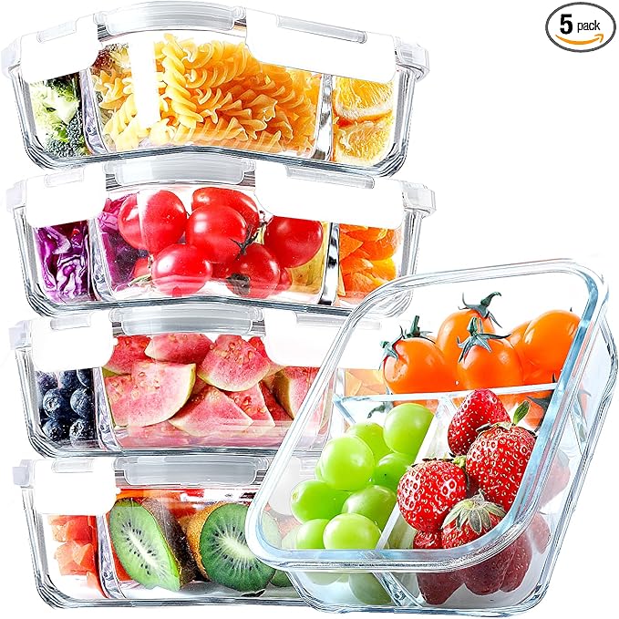 VERONES 5 PACK 36 OZ Glass Food Storage Containers 3 Compartment Set, White