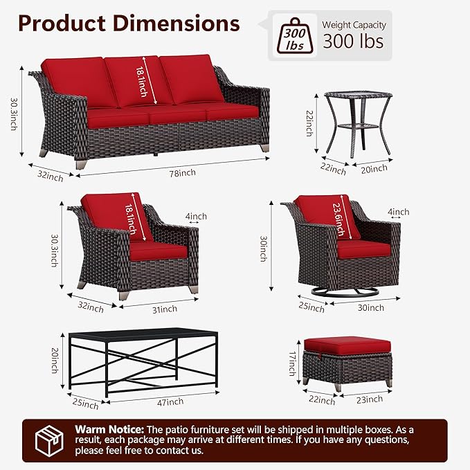 7 Pieces Wicker Patio Furniture, Luxury Outdoor Furniture with 2 Patio Swivel Chair, 3-Seater Sofa, 2 Patio Ottoman, 1 Coffee Table and 1 Side Table, Wide Armrest, Thickened Cushions