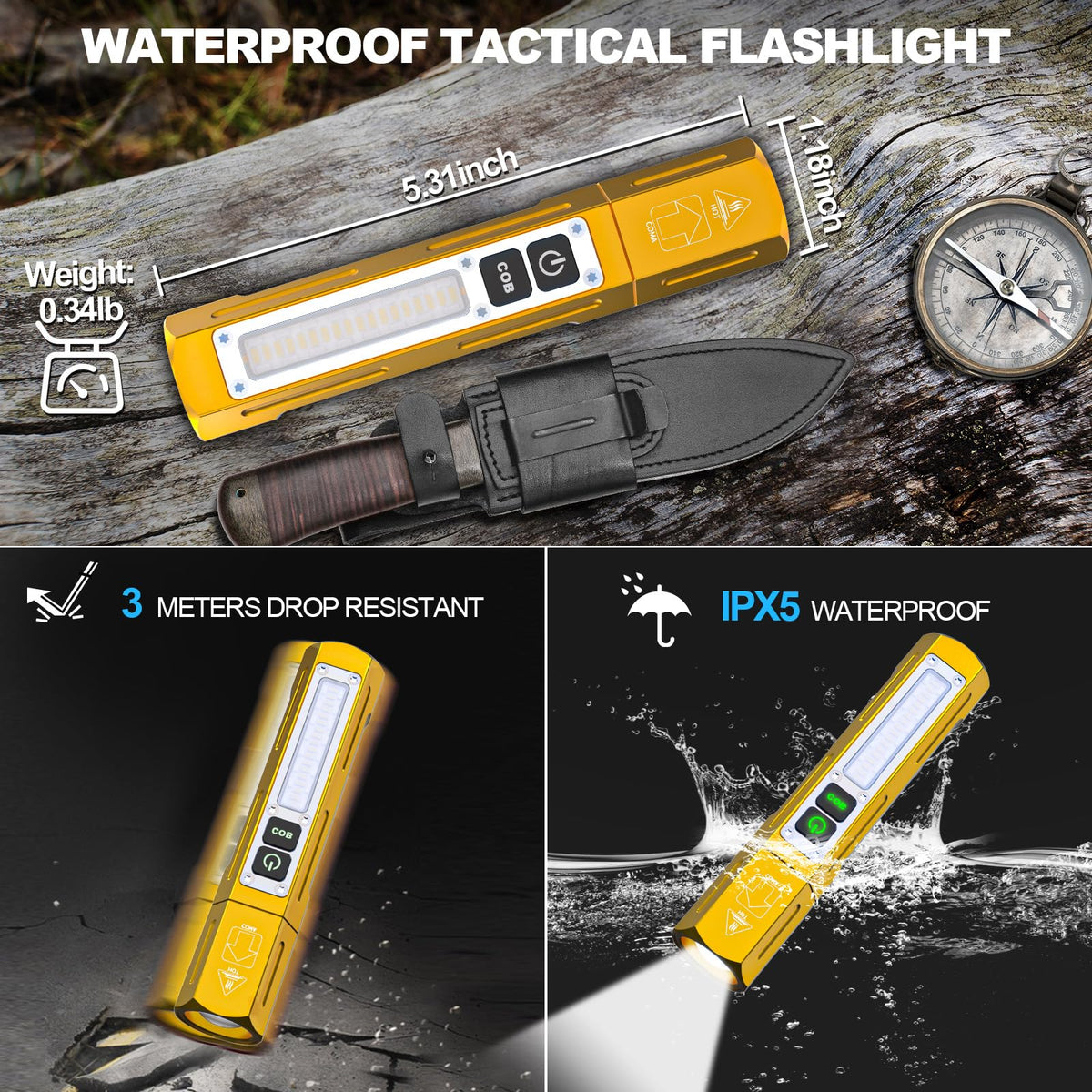 Banral Rechargeable Flashlights High Lumens - Super Bright Small Pocket Magnetic Flashlight, 8 Modes LED Tactical Flash Light, Dual Button Powerful Flashlight for Camping (2, Yellow Gold)