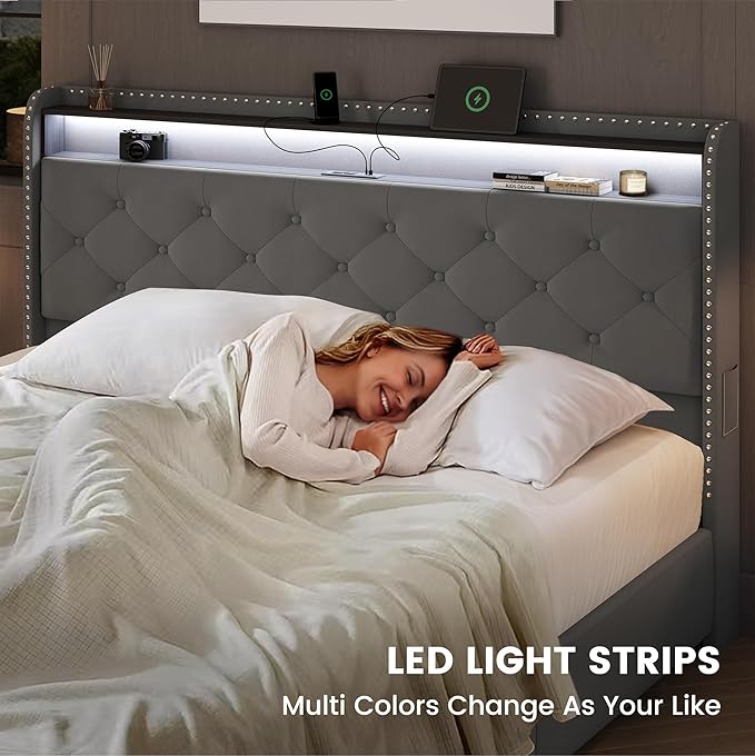 LARMACE King Bed Frame with 4 Storage Drawers and USB Charging Station Velvet Tufed Upholstered Platform Bed Frame with Headboard LED Light, Heavy Duty Platform/Noise Free, Easy Assembly, Grey