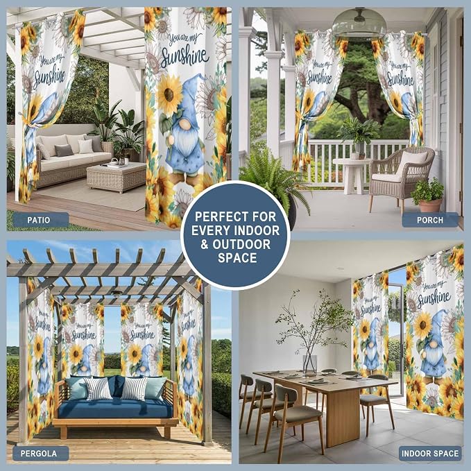 Summer Outdoor Curtains for Patio Sunflowers Gnome Eucalyptus Leaves Waterproof