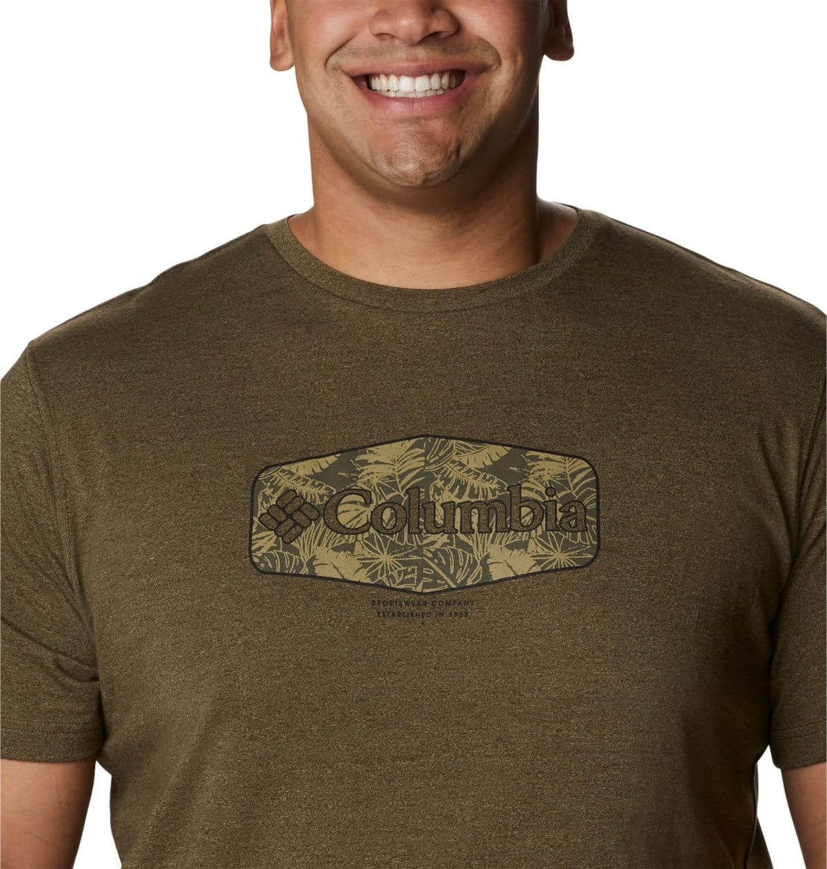Columbia Men's Thistletown Hills Graphic Short Sleeve, Olive Green Heather/Wanderland Graphic, Small
