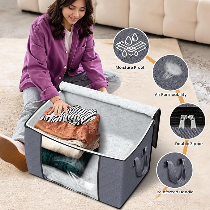Fab totes 24 Gallons Clothes Storage, Foldable Thick Fabric Blanket Storage Bags, Containers for Organizing Bedroom, Closet, Clothing, Comforter, Organization with Handle (8 Pack,Grey)