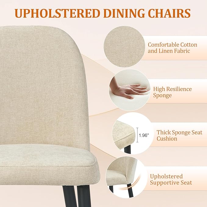 Upholstered Dining Chairs Set of 6, Mid Century Modern Fabric Dining Room Chair High-Back Padded Kitchen Chairs with Padded Seat and Metal Legs for Kitchen Dining Room Restaurant Cafe, Beige