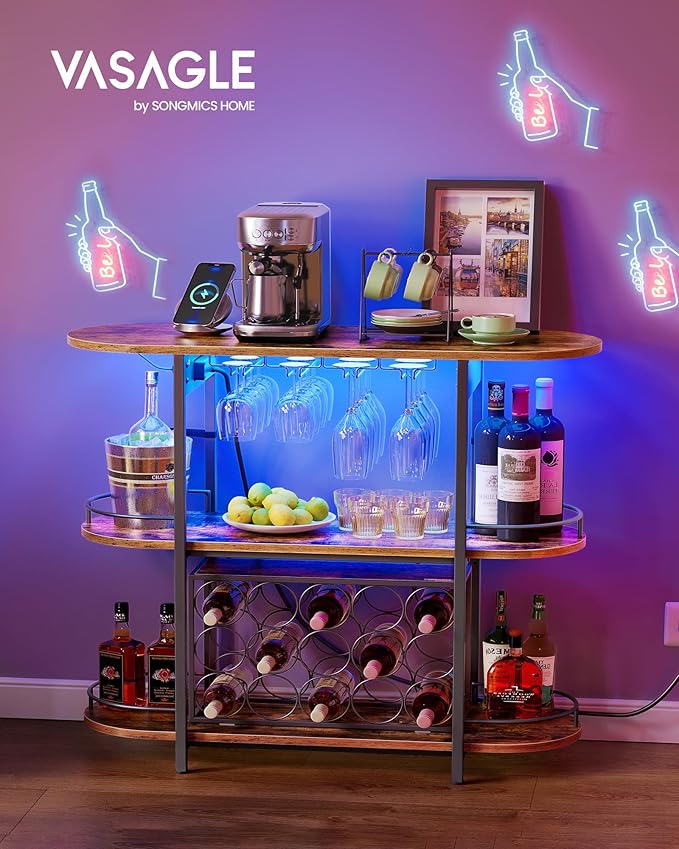 VASAGLE Bar Cabinet with LED Lights and Power Outlets, Freestanding Coffee Bar Wine Cabinet, Wine Rack, Glass Holder, Mini Bar for Liquor and Glasses, Kitchen, Dining Room, Rustic Brown ULWR007K01S