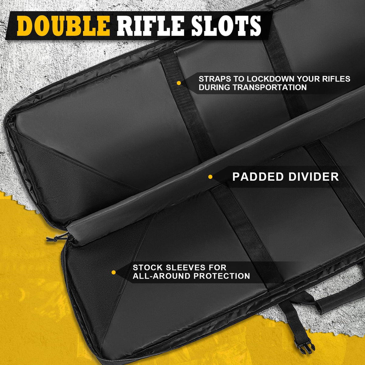 DULCE DOM Double Rifle Case, Soft Tactical Backpack for Hunting Shooting Range, Dual Storage Gun Bag for 2 Rifles & Pistols with Lockable Zippers & MOLLE System(Black, 42", Stowaway Backpack Straps)