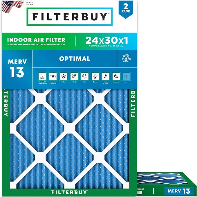 Filterbuy 24x30x1 Air Filter MERV 13 Optimal Smoke & Allergy Defense,