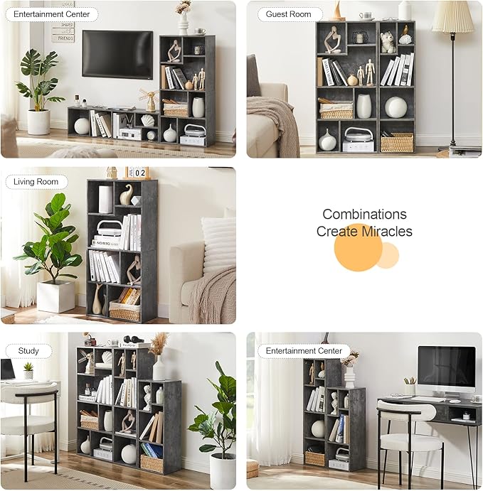 VECELO 3-Cube Small Bookshelf, Modern Bookcases with Shelves Height Up to 12.8 Inches, Suit for Common Size Textbook, Vertical or Horizontal, Cubby Storage Organizer,Gray