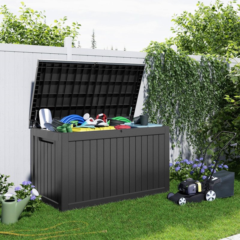 PatioZen 280 Gallon Outdoor Deck Box,Waterproof Resin Outdoor Storage Boxes, Outside Storage Lockable Container for Garden Tools,Indooor Cushions,Accessories (Black)