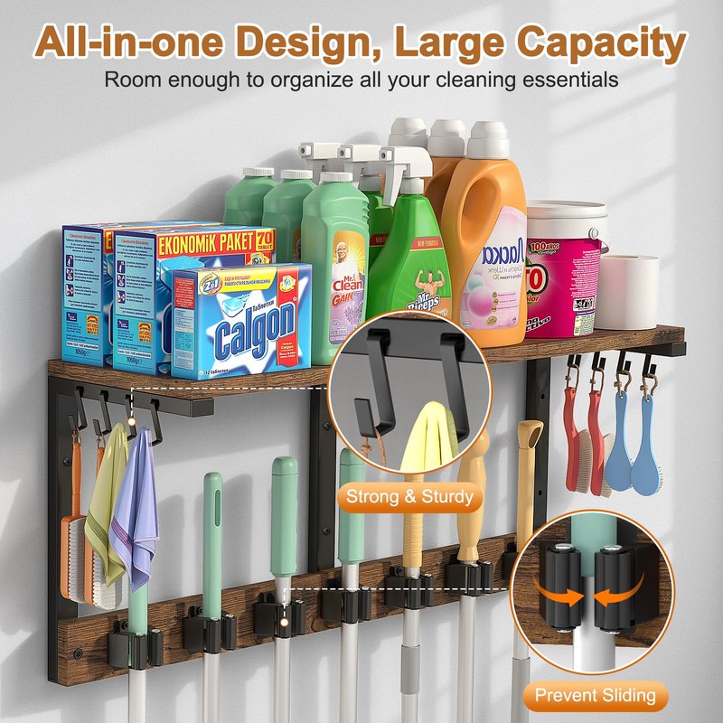 Housolution Broom Holder Wall Mount with Cleaning Supplies Organizer, 100 LBS High Load-Bearing Laundry Room Storage Shelves, Multifunctional Mop Hanger Rack with 7 Grippers & 8 Hooks