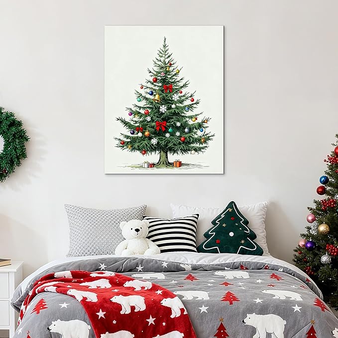 Framed Christmas Pictures Wall Decor,Vintage Pine Tree Prints,Winter Christmas Canvas Wall Art Decoration for Bedroom Bathroom Living Room Rustic Xmas Holiday Gifts (Christmas Tree 8, 16'' X 24'')