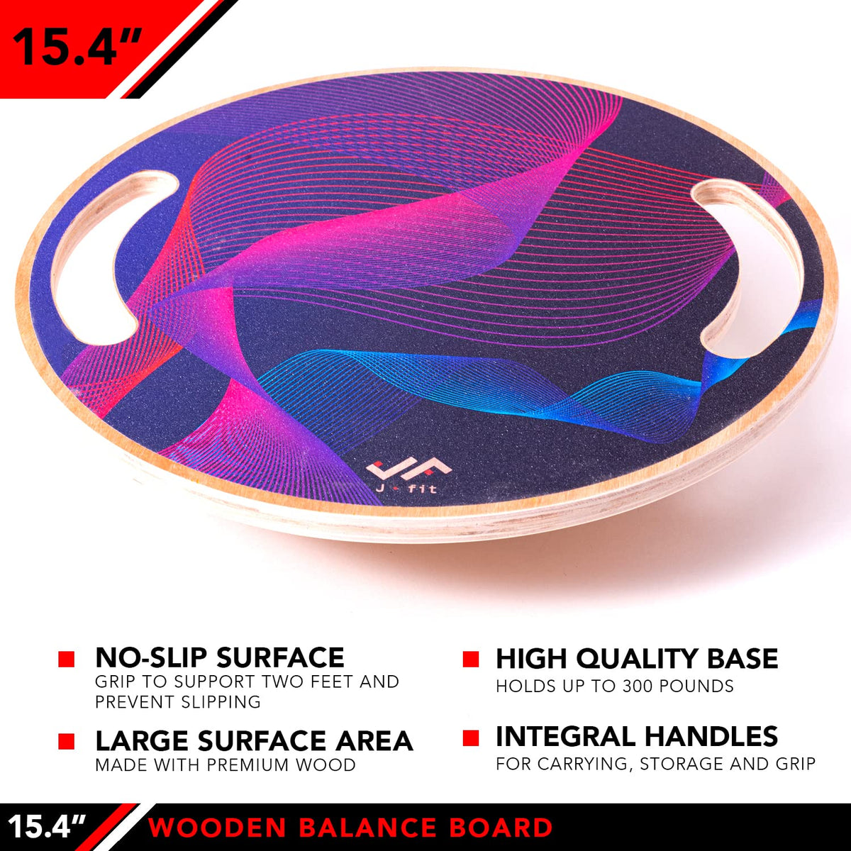 JFIT Wooden Balance Board, 15.75" Wobble Board for Balance, Coordination & Core Strength, Non-Slip Surface, Supports 300 lbs - Wave Design