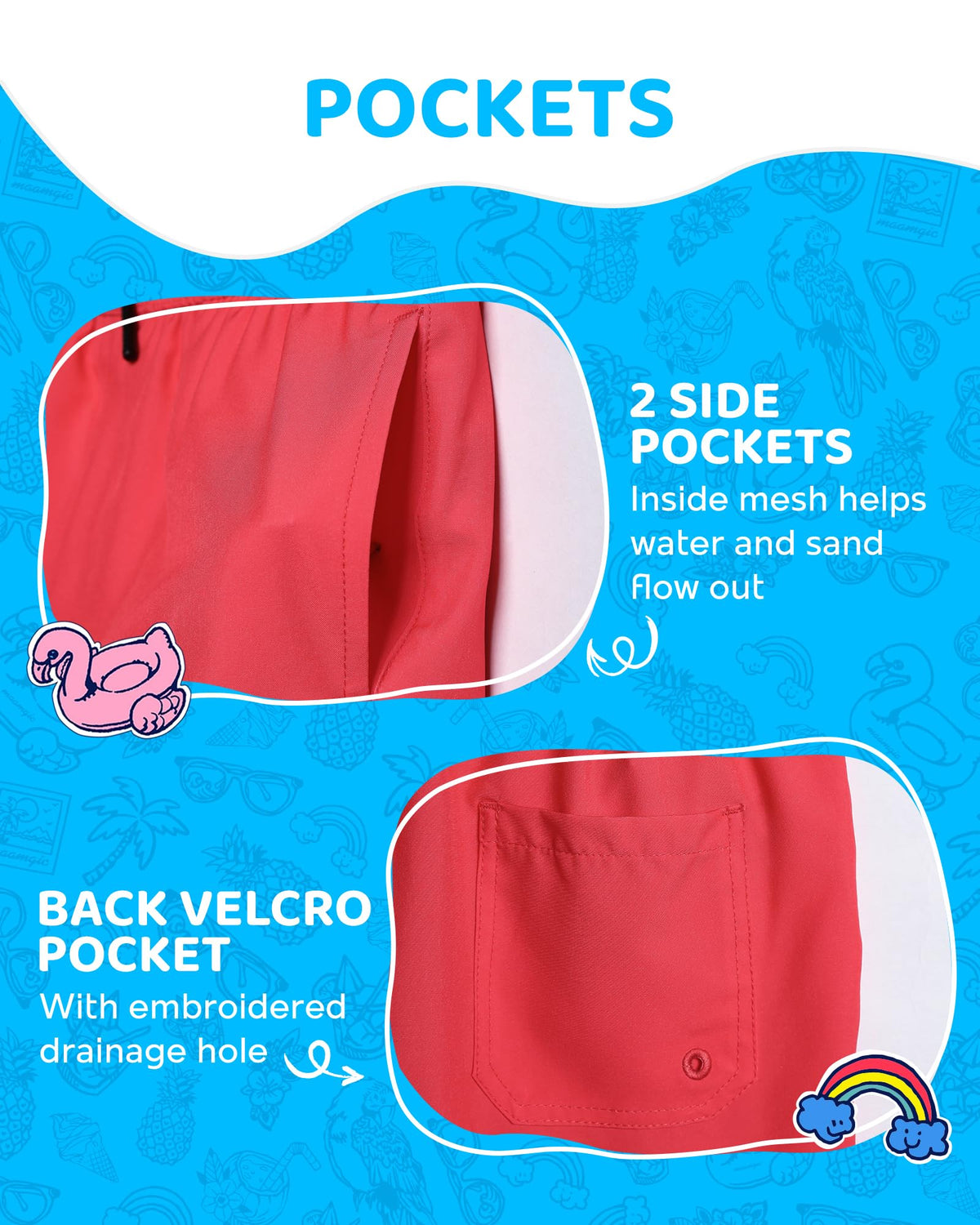 maamgic Boys Swim Trunks with Compression Liner 4-Way Stretch Quick Dry Swim Shorts Toddler Boy Hot Coral White 2T