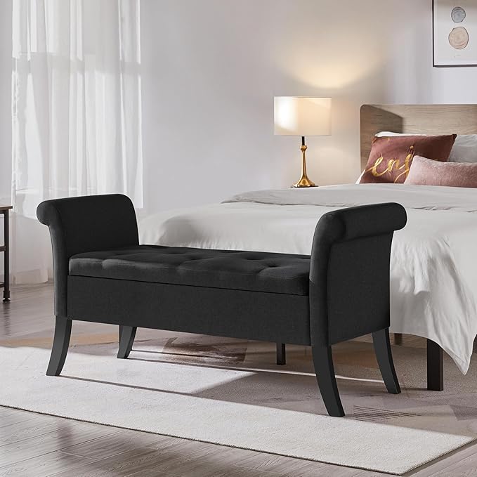 Yaheetech Ottoman with Storage, 52" Storage Ottoman Bench with Safety Hinge, Upholstered Bench with Seating for Bedroom, Living Room, Holds up to 661 lb, Black