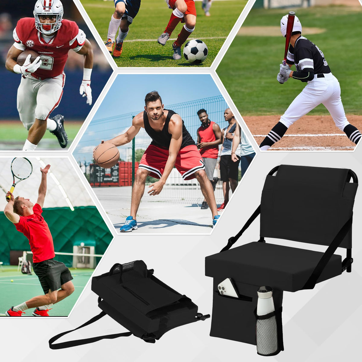 ACIPENSER 2pcs Stadium Seat for Bleachers with Back Support，Portable Bleacher Chairs with Back and Cushion，Includes Shoulder Strap and Cup Holder,Black
