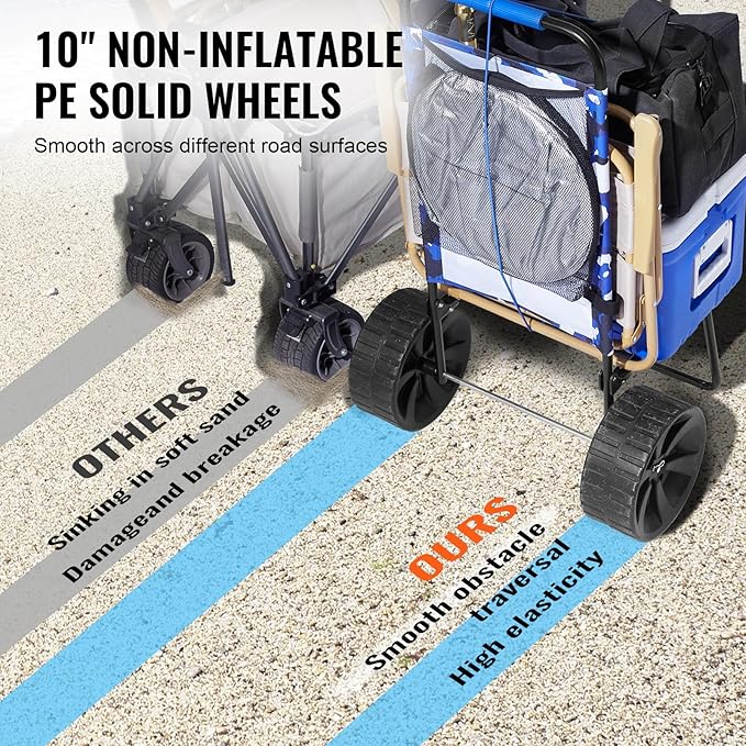 VEVOR Beach Dolly with Big Wheels for Sand, 15.4" x 15.7" Cargo Deck, w/ 10" PE Solid Wheels, 69LBS Loading Capacity Folding Sand Cart, Heavy Duty Cart for Picnic, Camping, Fishing, Beach, Gardening