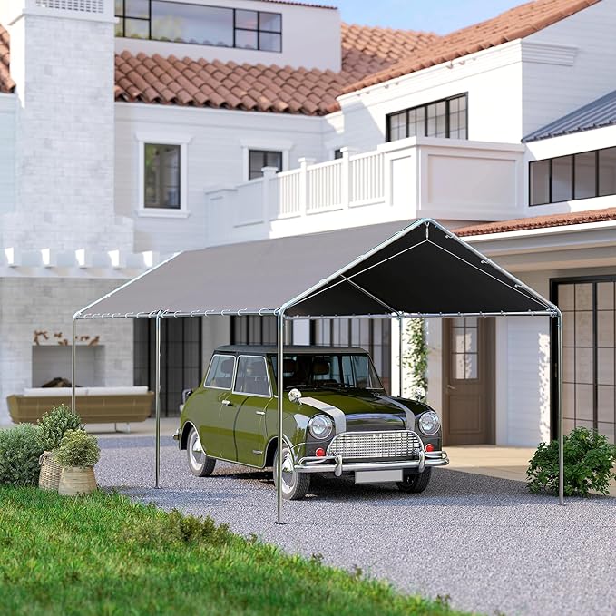 Outsunny 10'x20' Carport Heavy Duty Galvanized Car Canopy with Included Anchor Kit, 3 Reinforced Steel Cables, Grey