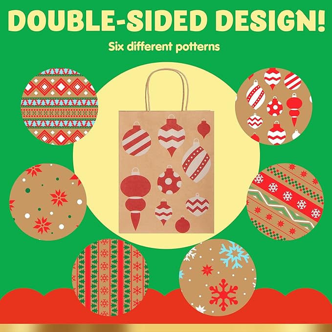 JOYIN 24 PCS Christmas Kraft Gift Bags for Present Wrapping, Holiday Paper Goody Gift Treat Candy Bags for Xmas Decor Supplies Classrooms Wedding and Party Favors (9" x 7.3" x 3.3")