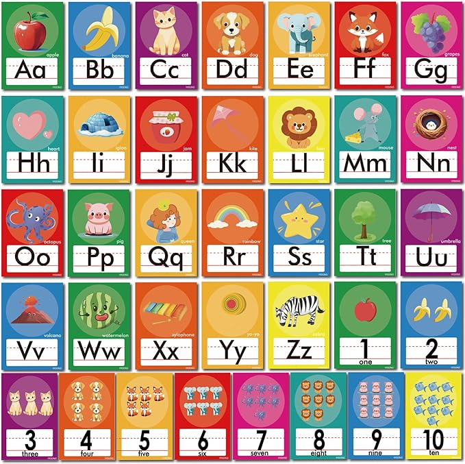 YIYDONG 36 Pieces Alphabet Line Bulletin Board Set ABC Number Flash Cards Wall Decorations for Pre-School Kindergarten Elementary Classroom Nursery Homeschool (Bright Colors)