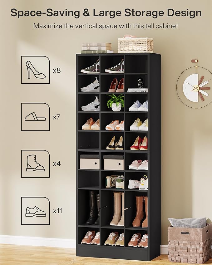 Tribesigns 10-Tier Shoe Storage Cabinet, Black Wooden Shoe Rack with 30 Cubbies, Freestanding Tall Entryway Shoe Organizer for Closet, Entryway, Living Room