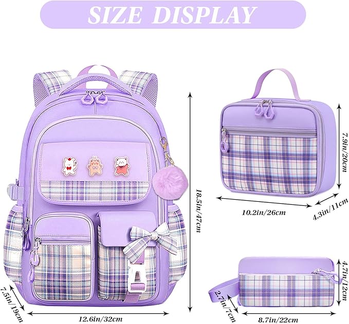 3PCS Girls Backpack Set for School - Cute Kids Bookbag with Lunch Box & Pencil Case, Stylish Backpack Combo for Girls Preschool Elementary Middle High School Students Teens Purple