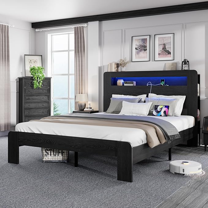 Full Size Wooden Bed Frame with Bookcace Storage Headboard, Rustic Farmhouse Bedframe with LED Lights and Charging Station, Sturdy and Stable, Slat Support, No Box Spring Required (Black, Full)