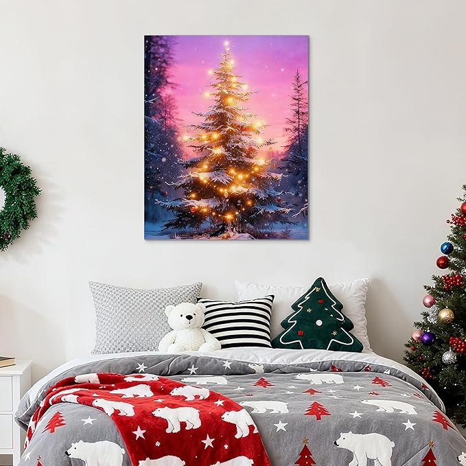 Framed Christmas Pictures Wall Decor,Vintage Pine Tree Prints,Winter Christmas Canvas Wall Art Decoration for Bedroom Bathroom Living Room Rustic Xmas Holiday Gifts (Christmas Tree 18, 16'' X 24'')