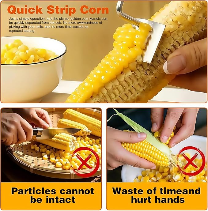 Corn Cob Stripper Tool Set, Newly Upgraded Sawtooth Long Handle Stainless Steel Corn on the Cob Stripper Tool and Corn Holder, Corn Peeler for Corn on the Cob, Silver, 2 Pcs