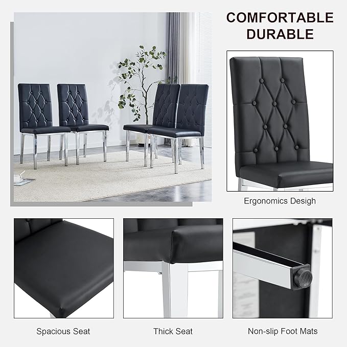 Modern Dining Table Set for 6, Glass Dining Table with 6 PU Leather Chairs, U-Shaped Legs and Rectangular Base