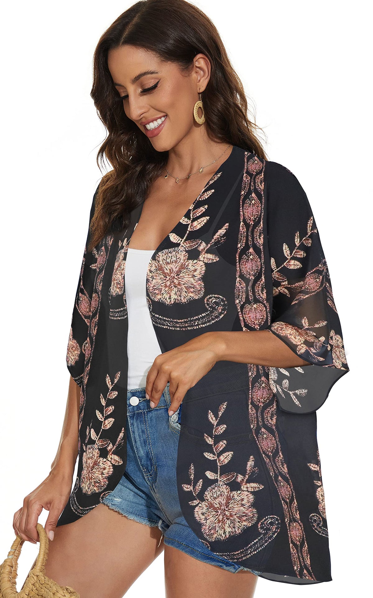 Kimono Cardigans Floral Womens Tops Dressy Casual Spring Cover ups Chiffon Open Front Shirts (BlackLace,L)