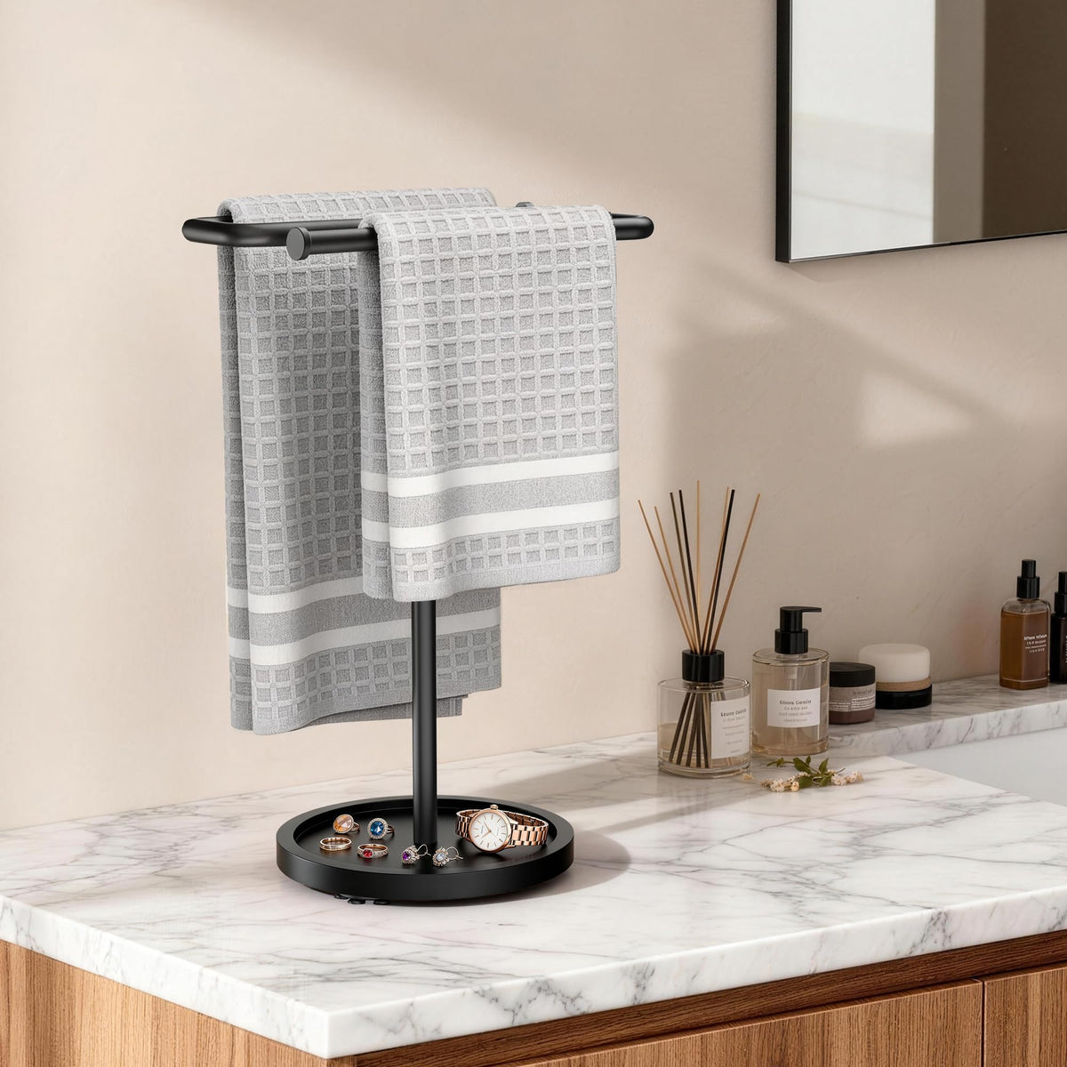 Aetyord Z-Shape Countertop Towel Holder - Height Adjustable for Bathroom/Kitchen/RV | Rustproof Metal & Wood Base Black