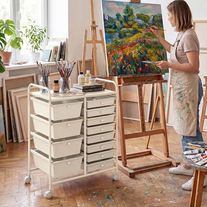 COSTWAY 12 Drawer Rolling Storage Cart, Mobile Utility Cart with Metal Frame, Art Supply Craft Organizer, Multipurpose Storage Organizer for Paper, Office, School Teacher, Classroom, White